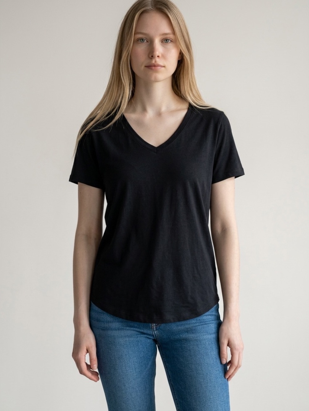 MIA & TESS womens Classic Black V-Neck Short Sleeve Tee extra soft neutral basic